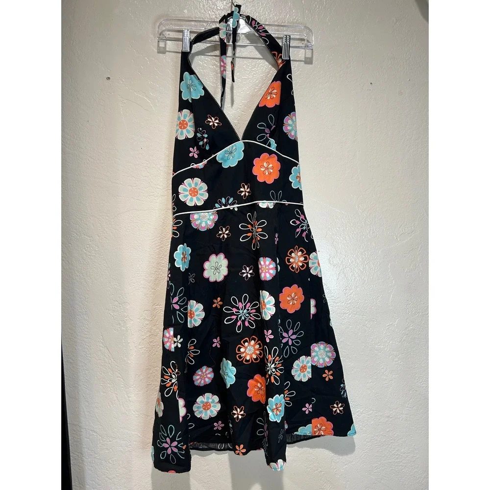 ABS by Allen Schwartz Womens Black Floral Halter Neck Sundress Size 8 Retro‎ V